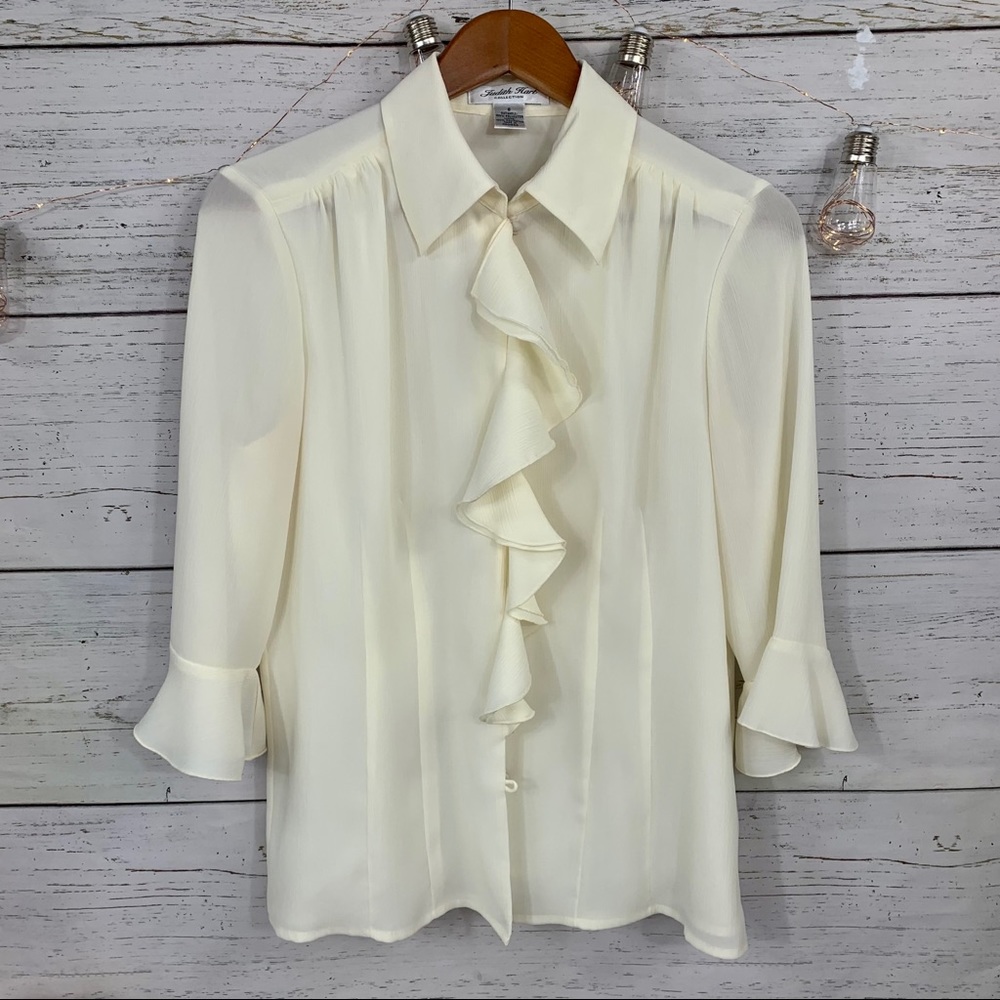 JUDITH HART Cream Ruffle Front Button-Down Blouse - Picture 3 of 11
